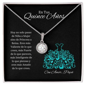 Tarjeta con mensaje sincero ent tu quince anos ilustración de un vestido verde azulado, sobre fondo negro con  Collar Esperanza Eterna de Papa