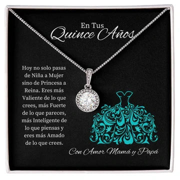 Tarjeta con mensaje sincero ent tu quince anos ilustración de un vestido verde azulado, sobre fondo negro con  Collar Esperanza Eterna de Mama y Papa