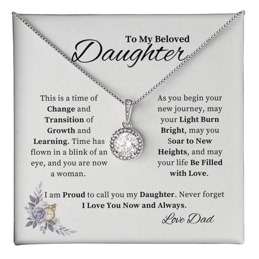 “To My Beloved Daughter” Eternal Hope Necklace from Dad with inspirational message card about growth, love, and new beginnings.