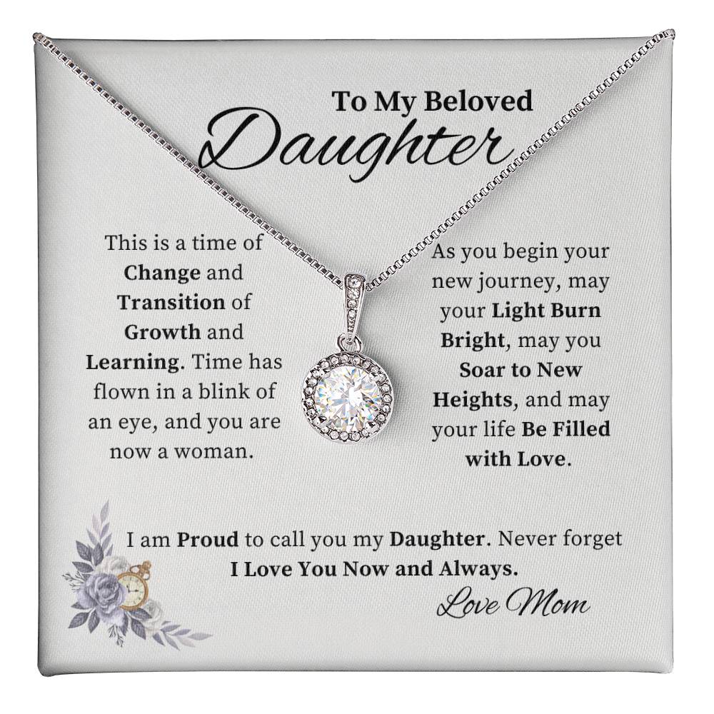 “To My Beloved Daughter” Eternal Hope Necklace from Mom with inspirational message card about growth, love, and new beginnings.