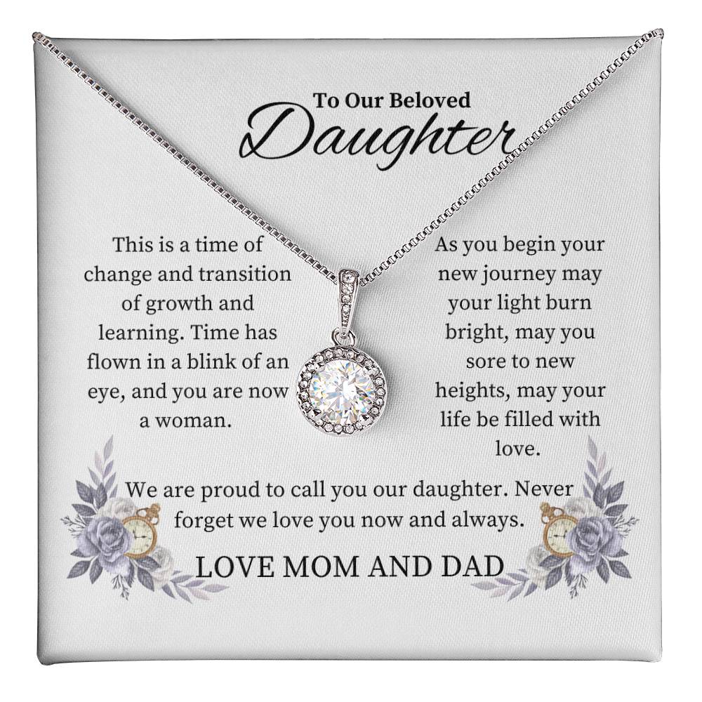 “To Our Beloved Daughter” Eternal Hope Necklace from Mom and Dad with heartfelt message card celebrating growth, love, and new beginnings.