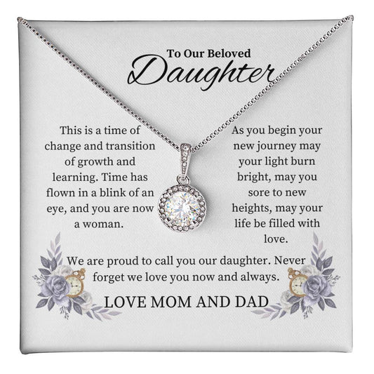 “To Our Beloved Daughter” Eternal Hope Necklace from Mom and Dad with heartfelt message card celebrating growth, love, and new beginnings.