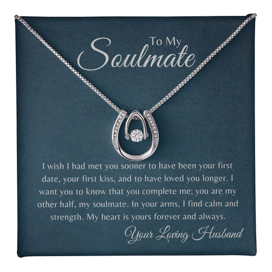 blue background grey letters To My Soulmate "Wish I had Met You Sooner" Lucky in Love Necklace 