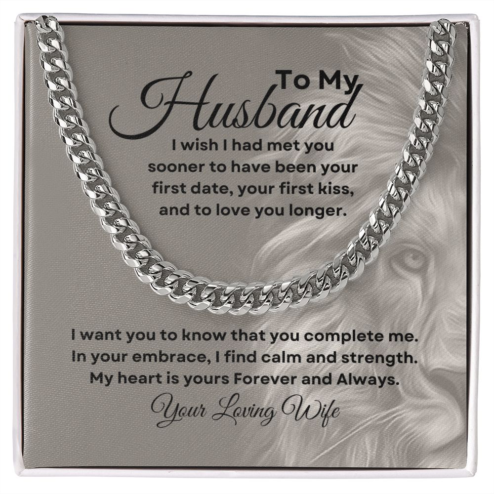 A silver necklace-message card medium gray background with lion face 'To My Husband' with a polished finish, displayed in a mahogany-style box with LED light.