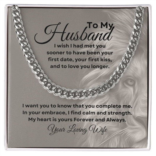 A silver necklace-message card medium gray background with lion face 'To My Husband' with a polished finish, displayed in a mahogany-style box with LED light.