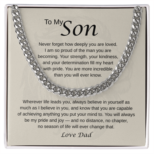 Inspirational jewelry gift for son from dad with encouragement quote.