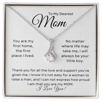Necklace with a sentimental message card for mom always your little boy on a white background with gold boarder
