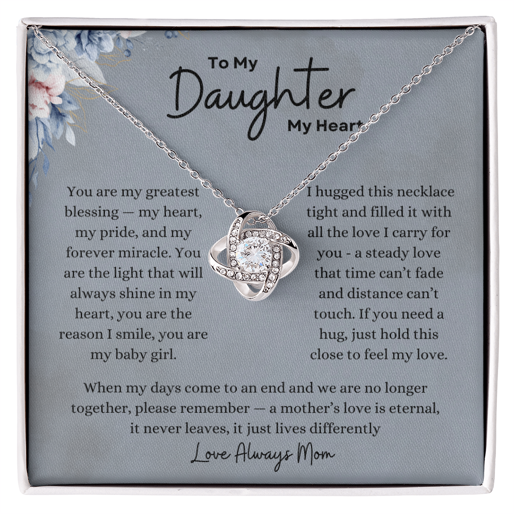 Love Knot Necklace gift for daughter from mom with sentimental message card - in gift box