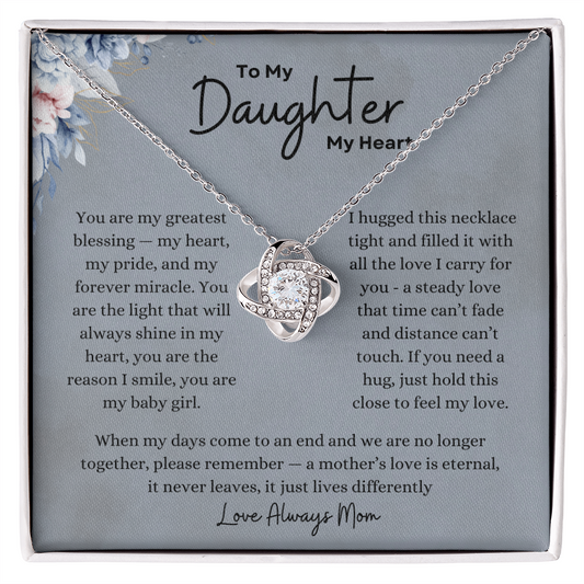 Love Knot Necklace gift for daughter from mom with sentimental message card - in gift box