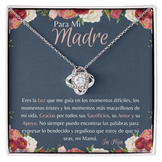Fondo azul con borde floral para mamá con collar de nudo de amor de tu Hija