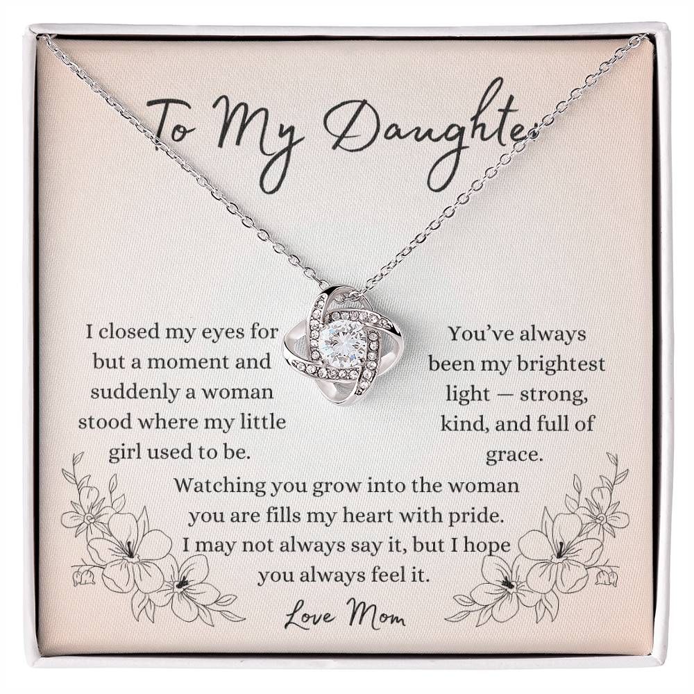To My Daughter” necklace from Mom with heartfelt message card expressing love, pride, and everlasting bond between mother and daughter.