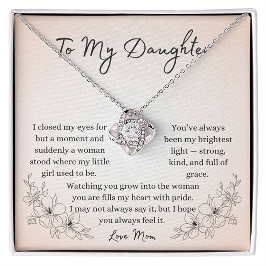 To My Daughter” necklace from Mom with heartfelt message card expressing love, pride, and everlasting bond between mother and daughter.