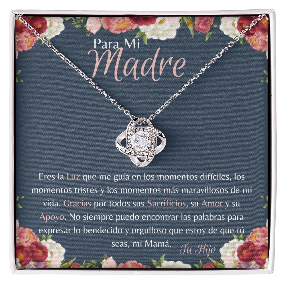 Fondo azul con borde floral para mamá con collar de nudo de amor de tu Hija