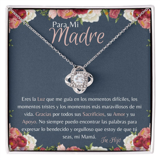 Fondo azul con borde floral para mamá con collar de nudo de amor de tu Hija