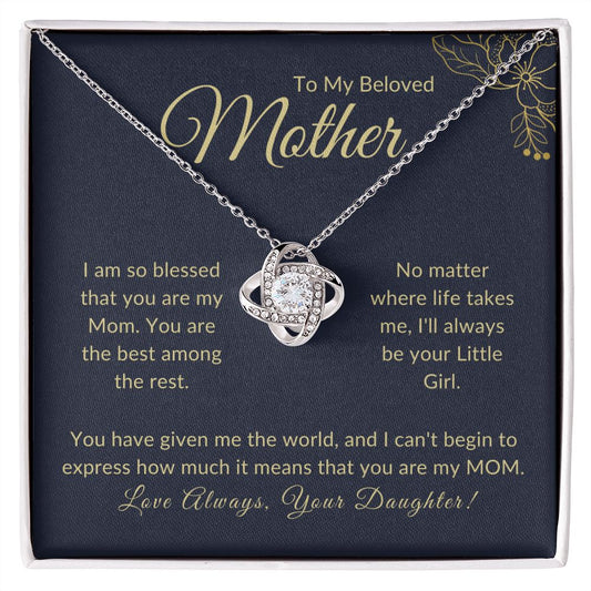 dark blue background gold letters gift for Mom from daughter featuring sentimental text. Love Knot necklace