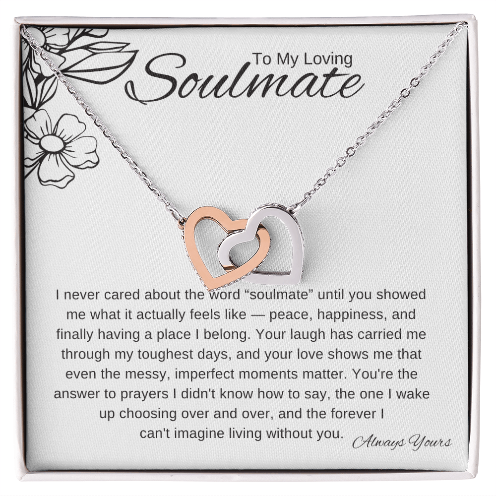 To My Loving Soulmate necklace on white floral line art message card that says you’re the answer to prayers and always yours