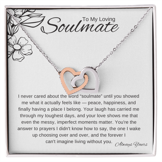 To My Loving Soulmate necklace on white floral line art message card that says you’re the answer to prayers and always yours