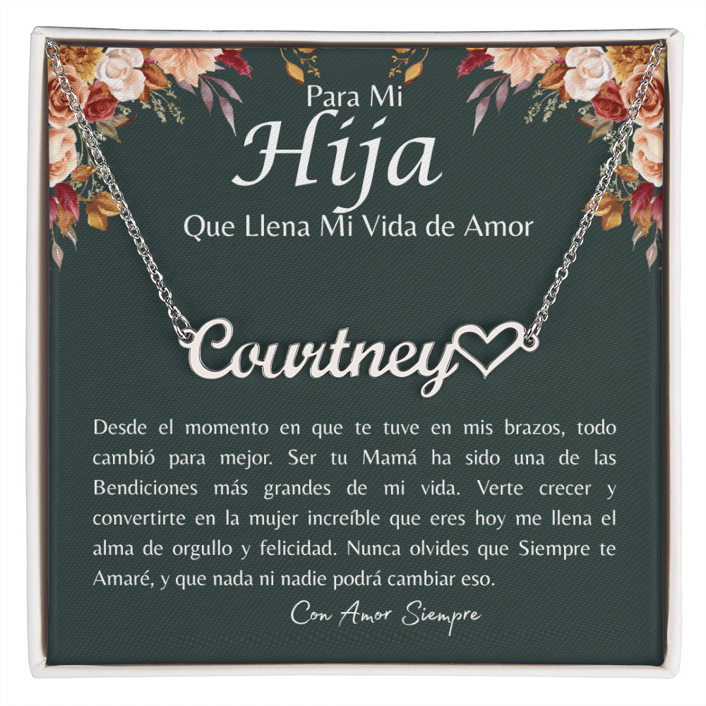 Collar personalizado con nombre y corazón con tarjeta Para Mi Hija Que Llena Mi Vida de Amor.