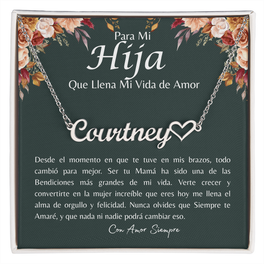 Collar personalizado con nombre y corazón con tarjeta Para Mi Hija Que Llena Mi Vida de Amor.