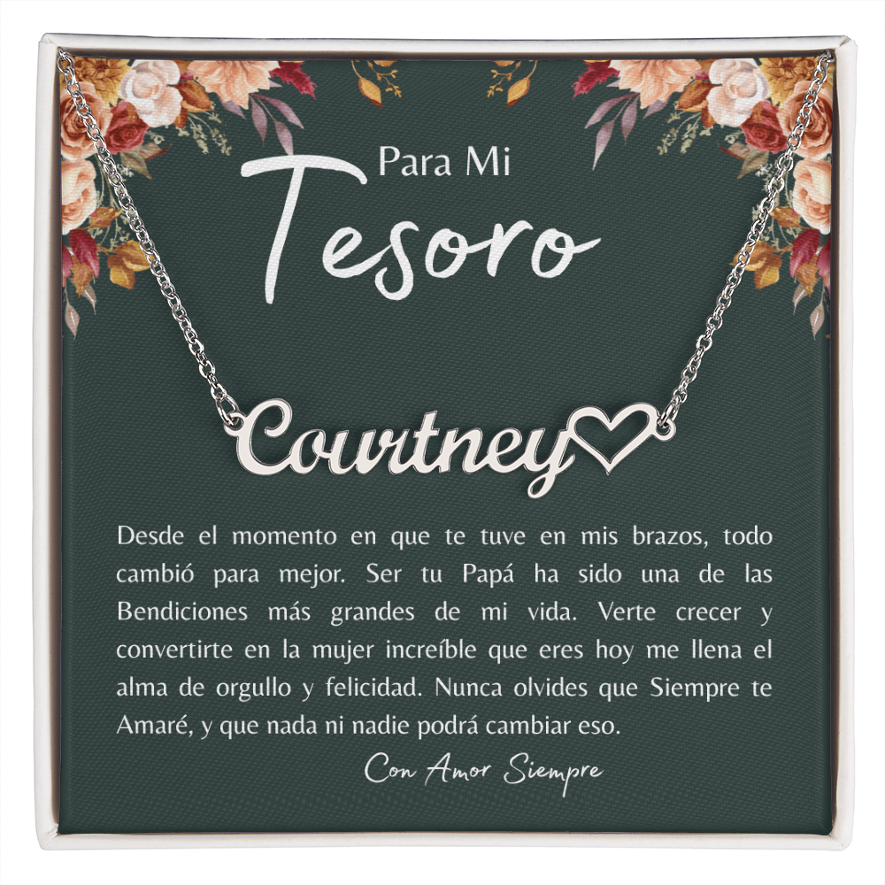 Collar personalizado con nombre y corazón con tarjeta Para Mi Tesoro en español – Con Amor Papá