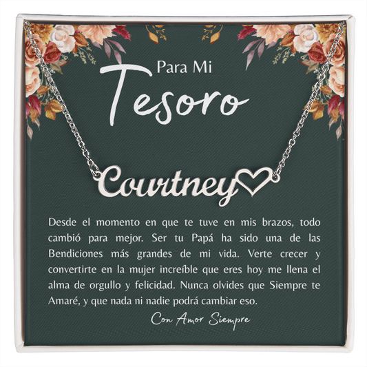 Collar personalizado con nombre y corazón con tarjeta Para Mi Tesoro en español – Con Amor Papá