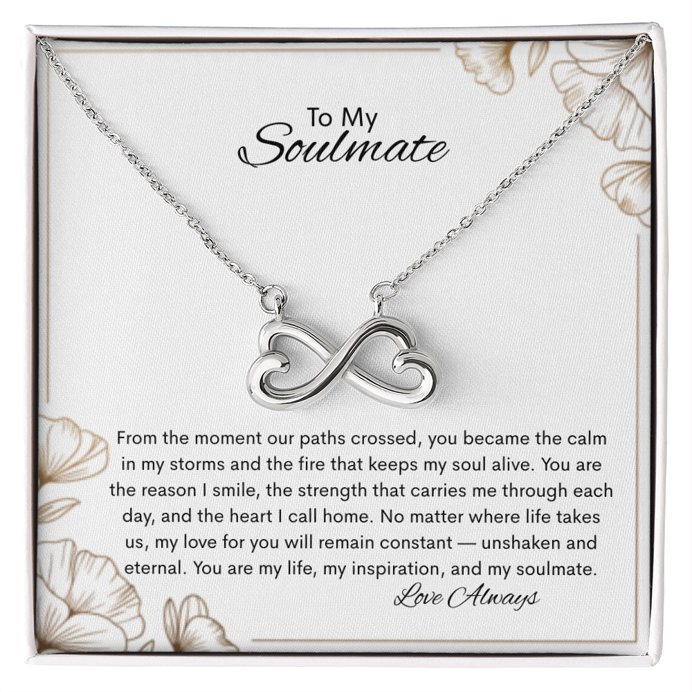 To My Soulmate necklace on white floral message card that says calm in my storms and love always