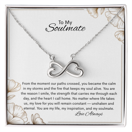 To My Soulmate necklace on white floral message card that says calm in my storms and love always