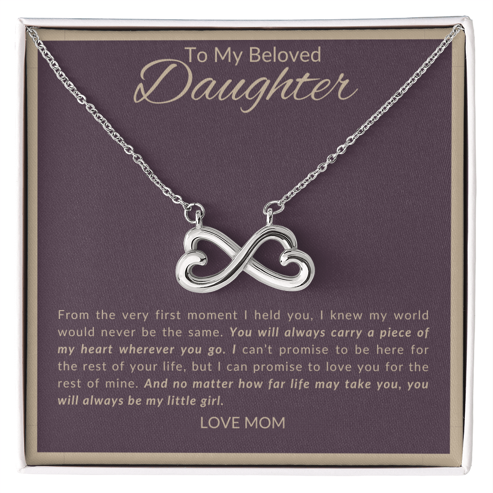 Infinity Heart Necklace with “To My Beloved Daughter” message card from Mom