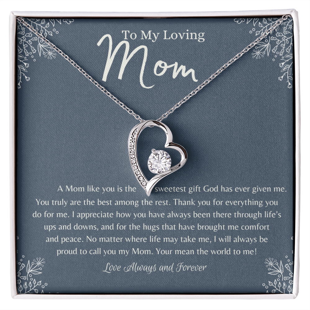Heart necklace gift for Mom with heartfelt message card expressing love and gratitude.