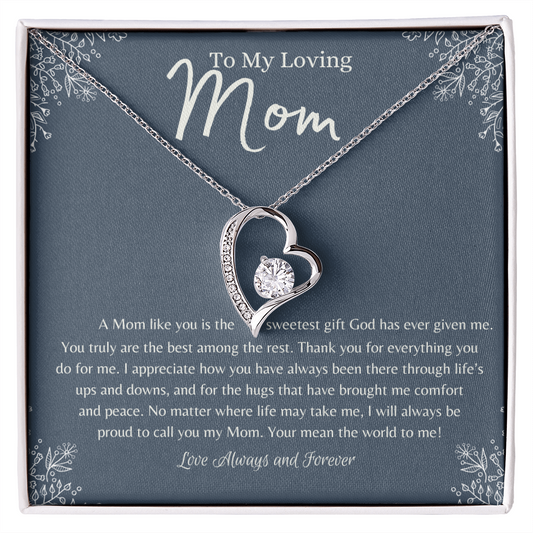 Heart necklace gift for Mom with heartfelt message card expressing love and gratitude.