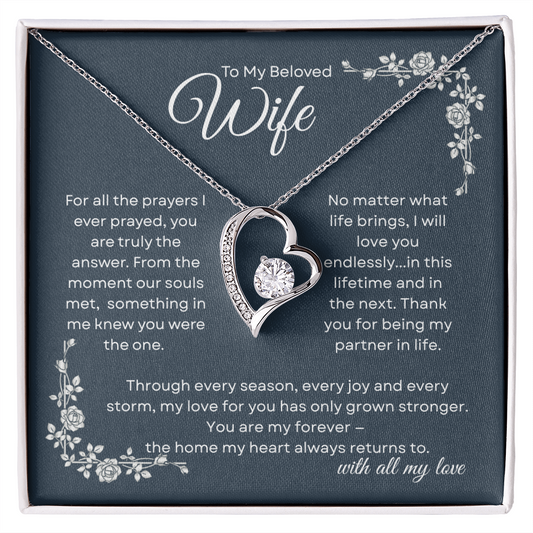 To My Beloved Wife necklace on navy floral message card that says you are the answer to my prayers