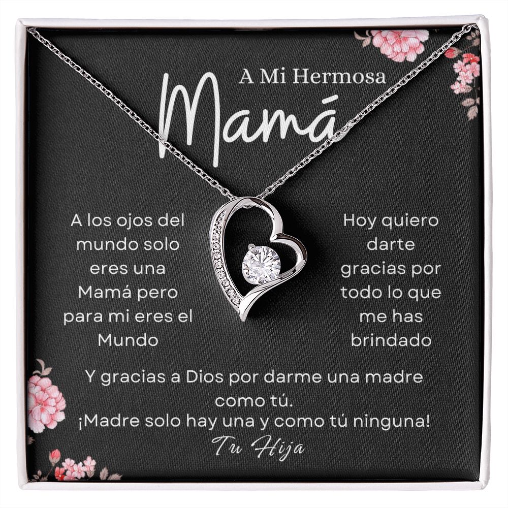 Colgante en forma de corazón para mamá con fondo gris carbón con flores rosas de hija