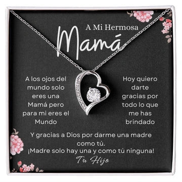 Colgante en forma de corazón para mamá con fondo gris carbón con flores rosas de hijo