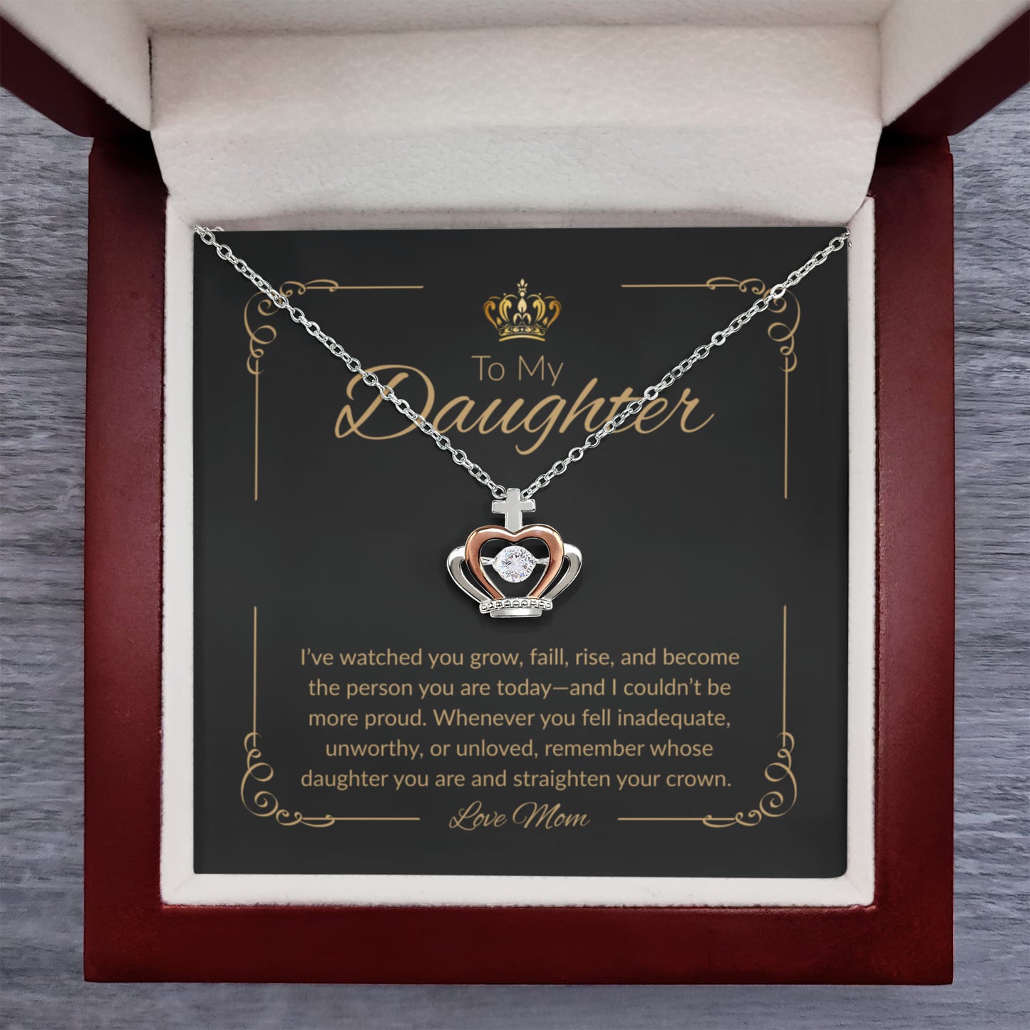 To My Daughter Necklace From Mom  | Crown Heart Love Knot Message Card Gift