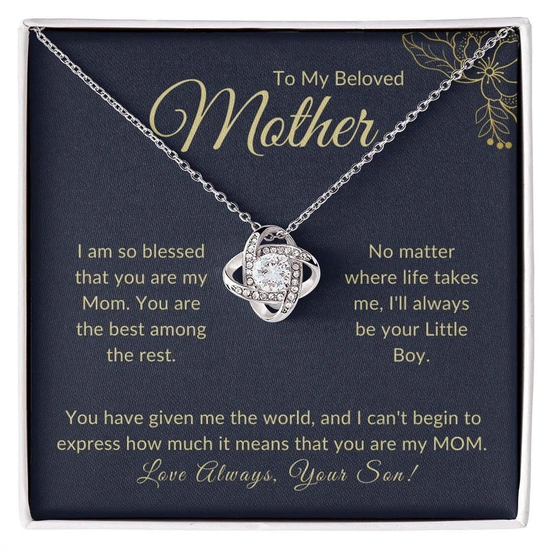 dark blue background gold letters gift for Mom from son featuring sentimental text. Love Knot necklace