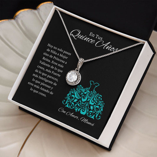 Tarjeta con mensaje sincero ent tu quince anos ilustración de un vestido verde azulado, sobre fondo negro con  Collar Esperanza Eterna de Mama